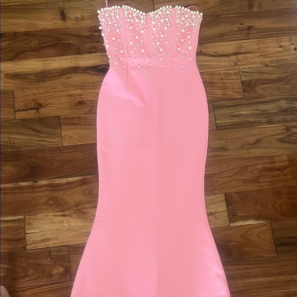 Strapless Pink Mermaid Gown with Pearl Embellishment